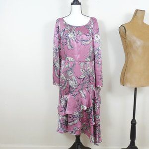 Marchesa Notte Mauve Black Ivory Floral Long Sleeve Asymmetrical Hem SZ 12 Dress
